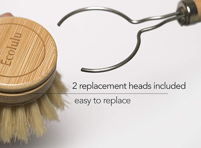 ECOLULU Natural Bamboo Dish Brush & Wood Bottle Brush for Wide Mouth Bottles, Cups and Jars, 2 Replacement Heads included (4 units total) Biodegradable, Eco Friendly Products
