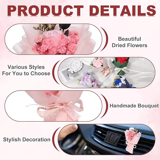 uxcell Pink Small Bouquet Car Air Freshener Vent Clips, Mini Decorative Rose Bouquet with Fragrance Diffuser for Women, Automotive Air Freshener Decoration, Style 4