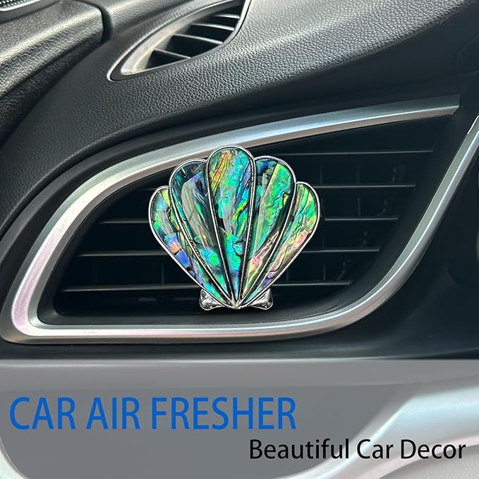 Seashell Car Decor,Coastal Car Air Freshener,Iridescent Abalone Seashell Air Vent Clips,Ocean Themed Car Interior Dashboard Accessories,Girly Refillable Diffuser