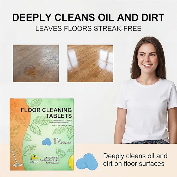 Floor Cleaner Tablets - 12 Pieces Effective Mild Sheets Solution, Floor Stain Removal Agent with Instant-Dissolve Technology, Deep-Action Degreaser, Fresh Botanical Scent for Tiles and Marble