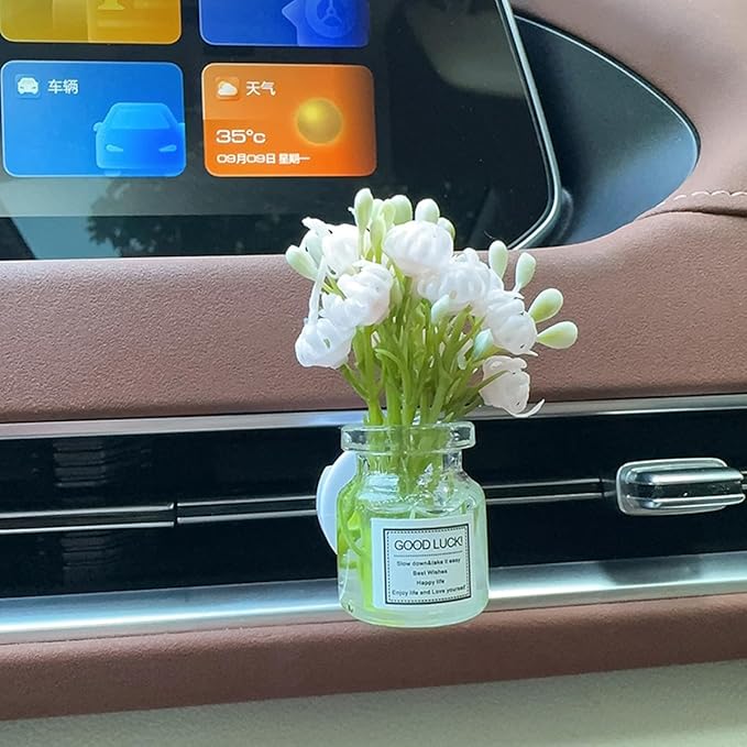 Set of 4 Cute Flower Bouquet in Glass Vase Car Air Freshener Vent Clips, Mini Artificial Flowers for Car Air Vent Decoration, Auto Interior Dash Ornament Accessories