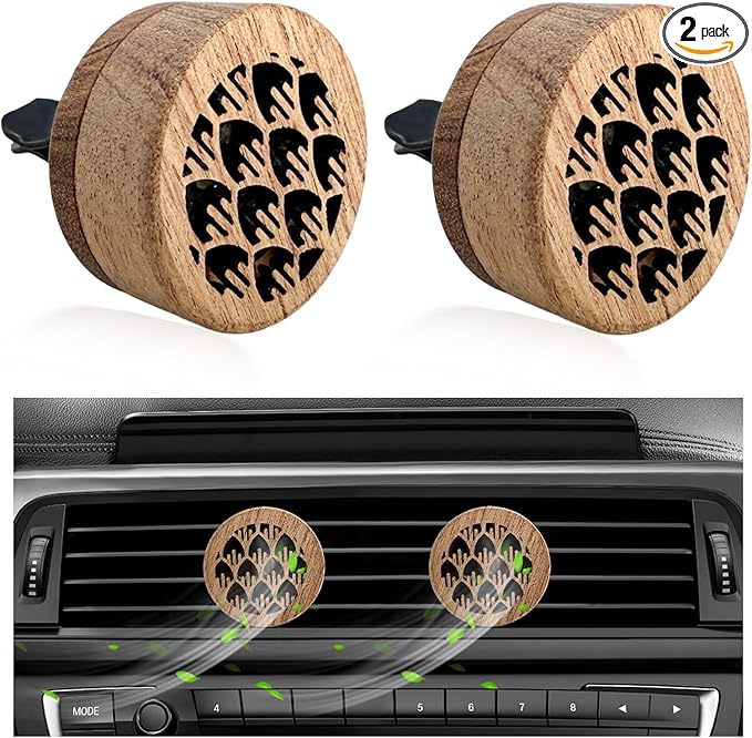 2 PCS Wood Car Essential Oil Diffuser, Wooden Aromatherapy Essential Oils Diffuser with Vent Clip, Wood Vent Clip Air Freshener for Vehicle Office Home Bedroom (Plant)