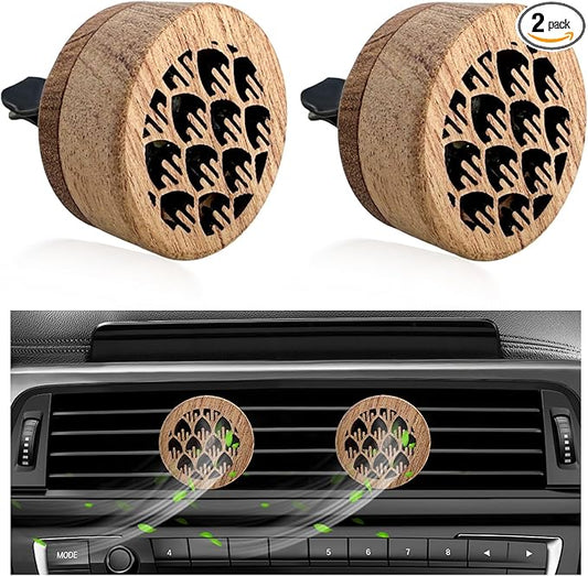 2 PCS Wood Car Essential Oil Diffuser, Wooden Aromatherapy Essential Oils Diffuser with Vent Clip, Wood Vent Clip Air Freshener for Vehicle Office Home Bedroom (Plant)