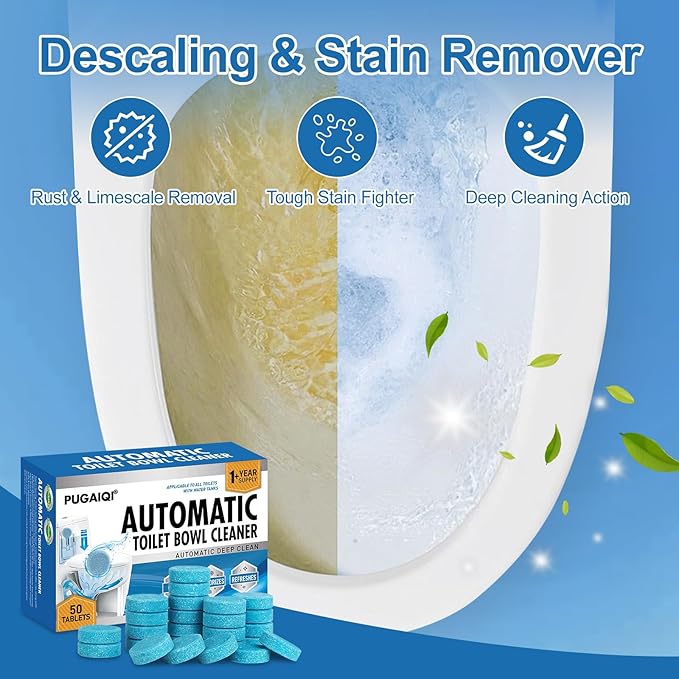 Toilet Bowl Cleaner Tablets Blue Toilet Tank Cleaners, Septic-Safe Hard Water Stain Remove, Effervescent Stain & Odor Remover Bathroom， Automatic Toilet Cleaning & Deodorizer 50 TabsIII
