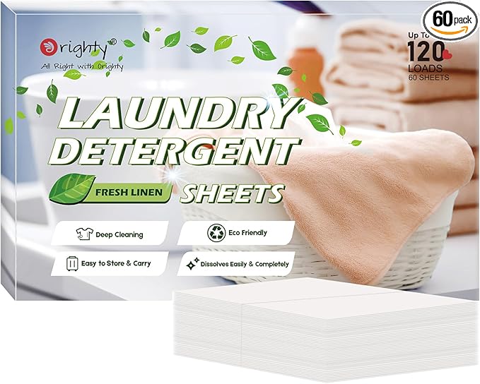 Orighty Laundry Detergent Sheets, 60 Count, Fresh Linen Scent, Eco-Friendly, Hypoallergenic, Portable, No Plastic Jug, 120 Loads