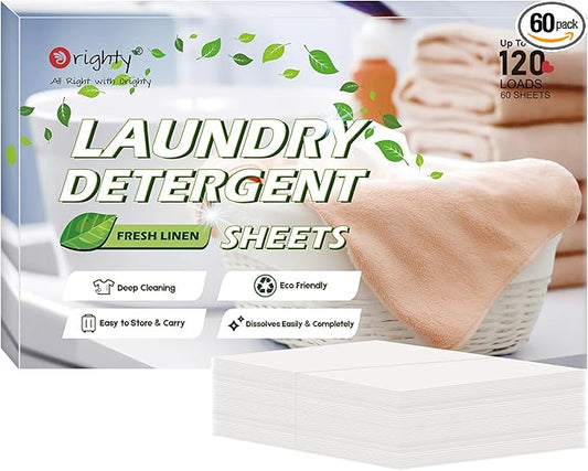 Orighty Laundry Detergent Sheets, 60 Count, Fresh Linen Scent, Eco-Friendly, Hypoallergenic, Portable, No Plastic Jug, 120 Loads