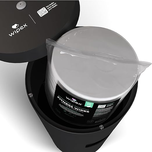 Wipex Wipe Dispenser Refill Bundle - EWG Verified - 2800 Count 8x8" Plant-Based Gym Wipes, Lemongrass & Eucalyptus Scent, Cleaning Wipes Bulk with Black Stainless Steel Floor Dispenser & Trashcan