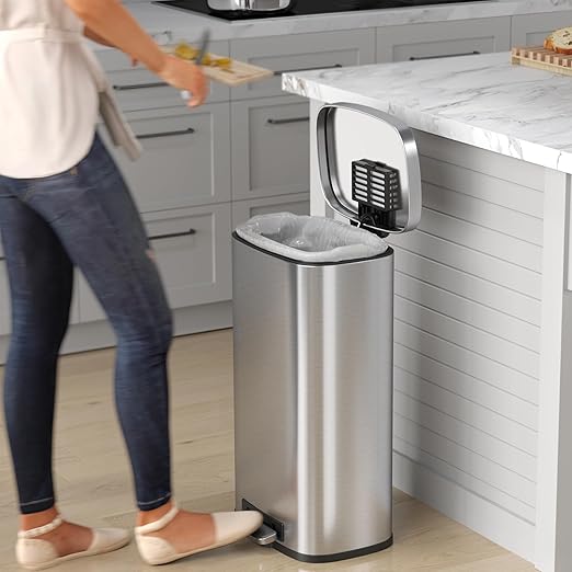 iTouchless SoftStep 8 Gallon Kitchen Step Trash Can with Odor Filter and Removable Inner Bucket, Stainless Steel 30 Liter Rectangular Pedal Garbage Bin for Home, Office, Silent and Gentle Lid Close