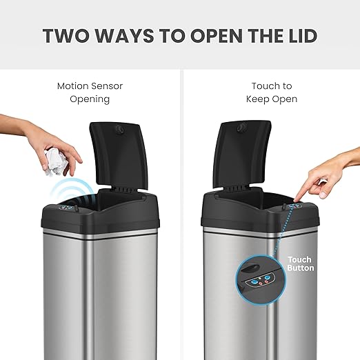 iTouchless Rolling 13 Gallon Sensor Kitchen Trash Can with Lid and Wheels Odor Filter Stainless Steel Automatic Kitchen Garbage Bin Trashcan for Home Office Bedroom Living Room Garage Wastebasket