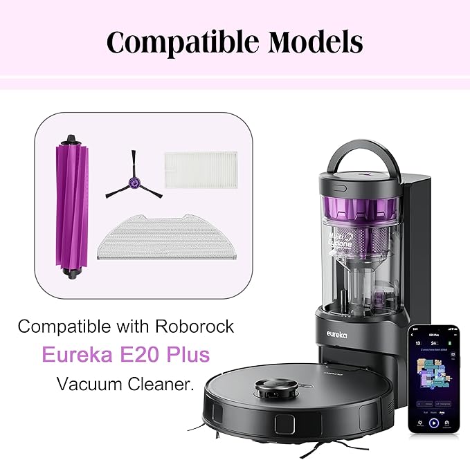 CLEANXIOR Replacement Accessories for Eureka E20 Plus Robot Vacuum,1Rubber Main Brush,4Mop Pads,2Filters,4Side Brush;2Rubber Main Brush,4Mop Pads,4Filters,6Side Brush. (17, E20)