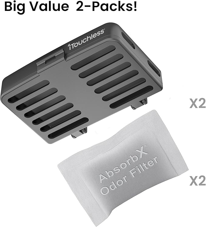 iTouchless AbsorbX Odor Removal Kit with Replaceable Deodorizer, Stick On Deodorizer Activated Carbon Filters eliminate smell in Closet, Drawer, Pantry, Shoe Rack, Locker, Trash Can (2-Pack)