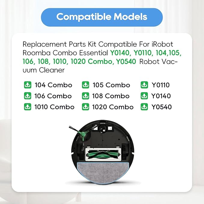 Replacement Parts Compatible for iRobot Roomba Combo Essential Series (RVG-Y1), Y0140, Y0110, 104/105 / 106/108 / 1010/1020 Combo, 1 Main Roller Brush, 4 Side Brushes, 4 Filters, 6 Mop Pads (16 Pack)