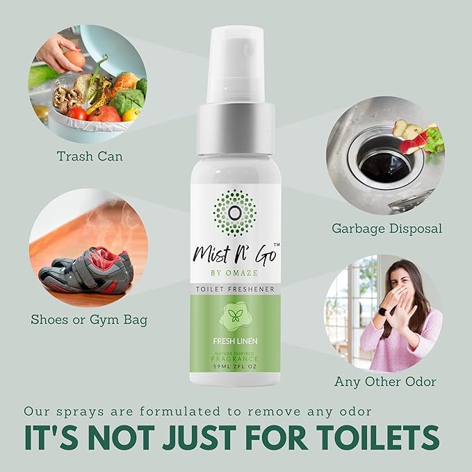 Mist N’ Go by Omaze Travel Bathroom Spray for Toilet Spray Odor Eliminator - Travel Toilet Spray for Bathroom Air Freshener Spray for Bathroom Deodorizer - Fresh Linen Regular Size (2oz x2)