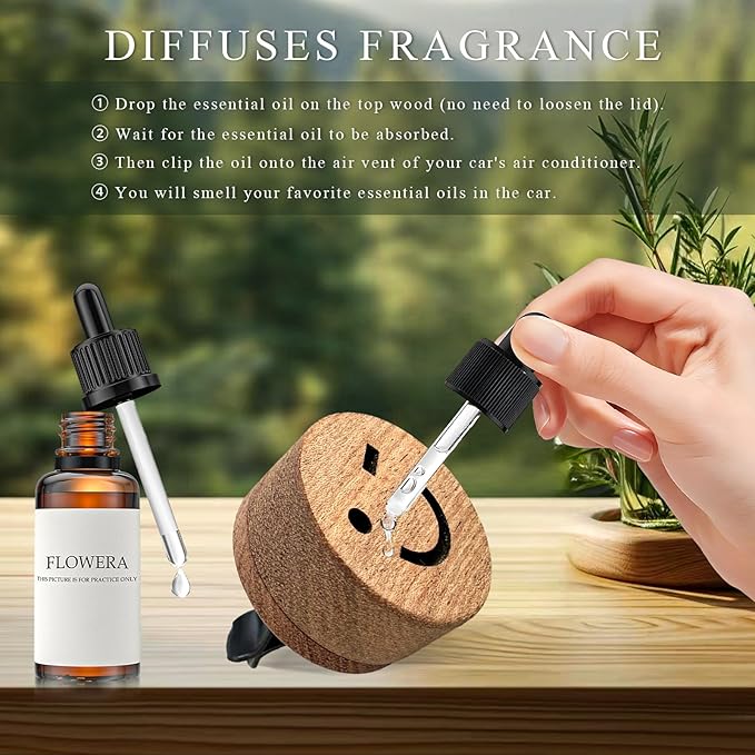 2 PCS Wood Car Essential Oil Diffuser, Wooden Aromatherapy Essential Oils Diffuser with Vent Clip, Wood Vent Clip Air Freshener for Vehicle Office Home Bedroom (Smile)