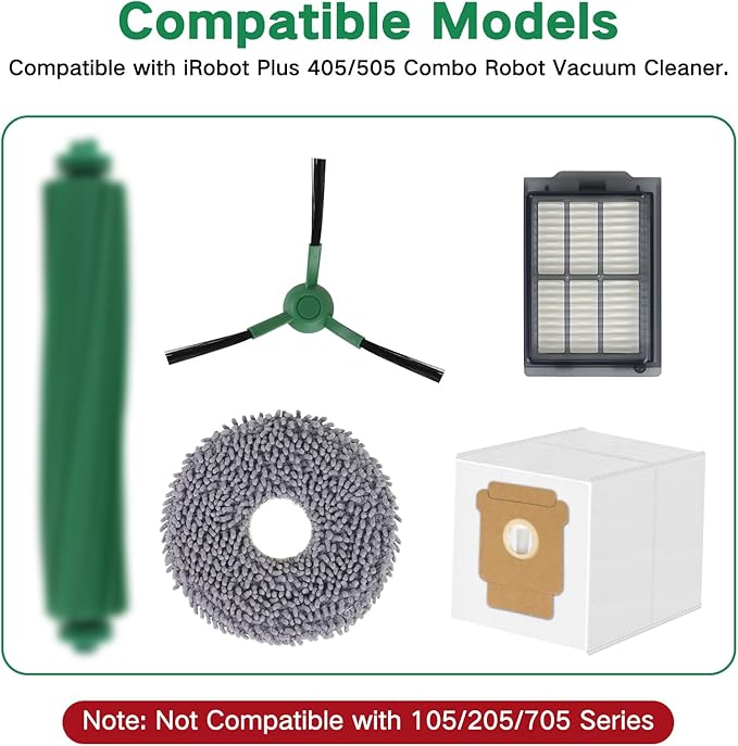 Replacement Parts for iRobot Roomba Plus 405 (G181/G185) Combo, Plus 505/507 Combo Robot Vacuum Cleaner Accessories, 2 Roller Brushes, 3 Filters, 4 Mop Pads, 6 Side Brushes, 6 Vacuum Bags