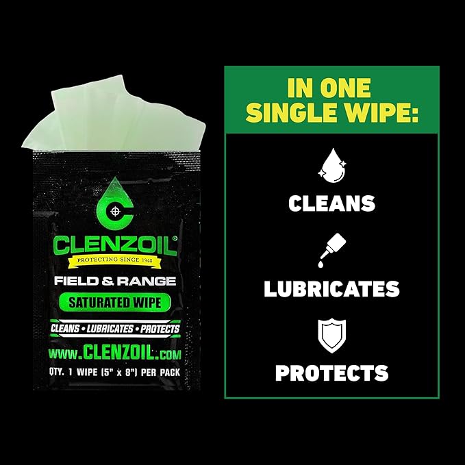 CLENZOIL Field & Range Single-Use Saturated Gun Oil Wipe Packets | Individual CLP Wipes | One-Step Gun Cleaning Oil & Lubricant Field Wipes for Hunting