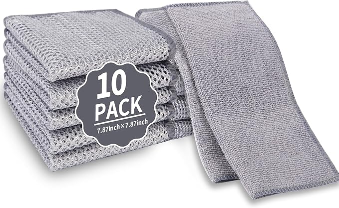 10 Pack Dual-Sided Metal Wire Dishcloth, Reusable Non-Scratch Cleaning Pads with Fabric Side for Nonstick Cookware, Pots, Pans & Kitchen Cleaning