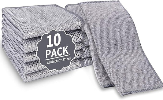 10 Pack Dual-Sided Metal Wire Dishcloth, Reusable Non-Scratch Cleaning Pads with Fabric Side for Nonstick Cookware, Pots, Pans & Kitchen Cleaning