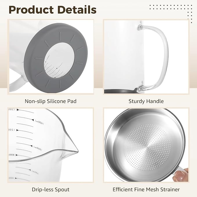 Premium Bacon Grease Saver with Strainer - Large 1.5L Grease Container for Kitchen with Stainless Steel Filter, Used Oil Storage & Bacon Drippings Keeper (50oz, Borosilicate Glass, Non-Slip Base)