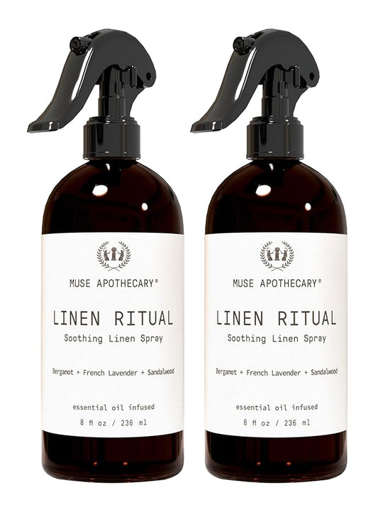 Muse Apothecary Linen Ritual - Aromatic, Soothing, and Relaxing Linen Mist, Laundry and Fabric Spray - Infused with Aromatherapy Essential Oils - 8 oz, Bergamot + French Lavender + Sandalwood, 2 Pack
