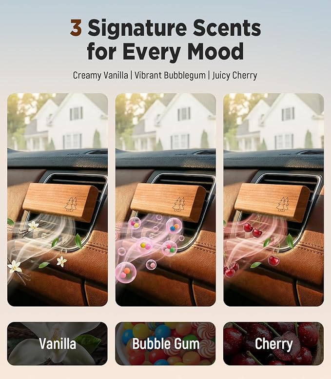 Natural Wooden Car Air Freshener for Vent Clips- Cherry/Vanilla/Bubblegum Scents, Long-Lasting Odor Eliminator with Metal Clip, 3 Refillable Wood Chips for Cars/Trucks/SUVs