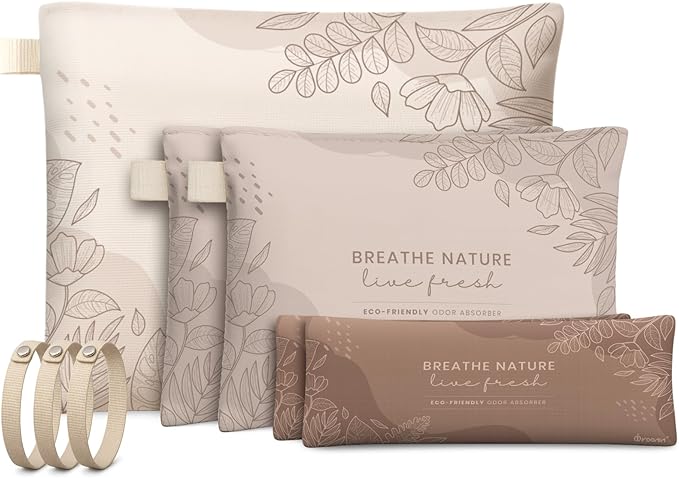Roonin Bamboo Charcoal Bags Odor Absorber (5-Pack), Natural Air Purifier & Pet Safe Deodorizer for Home, Car and Closet - Odor Remover for Strong Smells