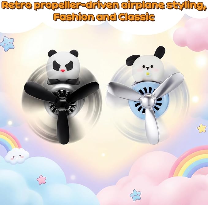 Tallew 2 Pack Car Air Freshener Cute Dog & Panda Car Vent Clip Diffuser with Rotating Propeller Outlet Vent Easy to Install Included 2 Scents Aroma Tablets Aromatherapy Ornament Auto Accessories