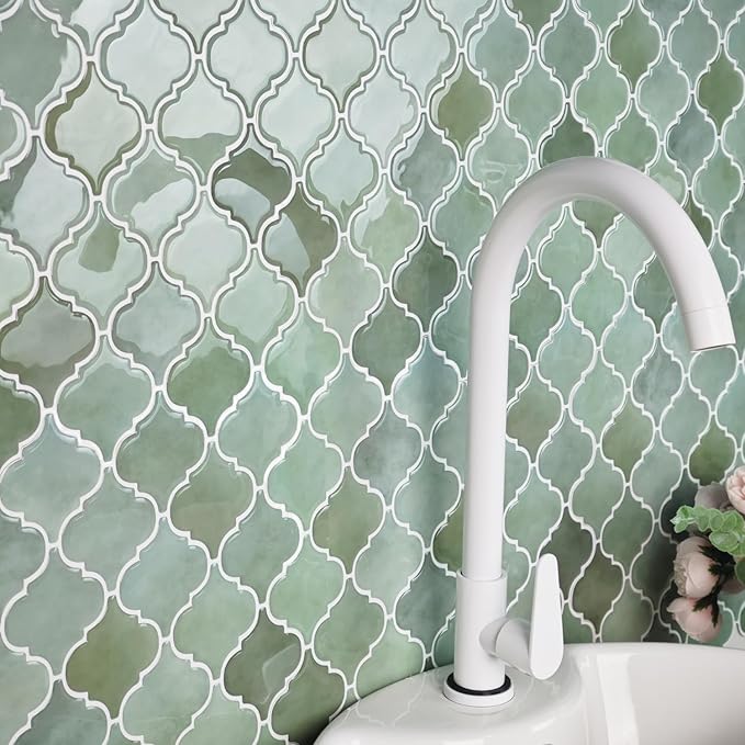 Arabesque Peel and Stick Backsplash for Kitchen, Thicker Design 3D Self Adhesive Wall Tiles, 12"x12" Peel and Stick Wall Tiles, Mix Green 10-Sheet Stick on Tile for Kitchen and Bathroom.