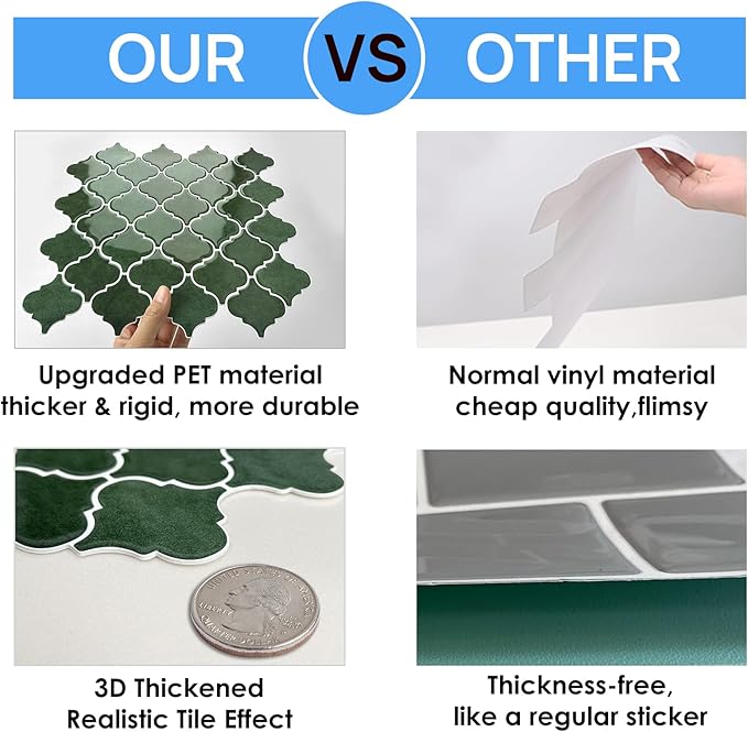 Arabesque Peel and Stick Backsplash for Kitchen, Thicker Design 3D Self Adhesive Wall Tiles, 12"x12" Adhesive Wall Backsplash, Green 10-Sheet Stick on Tile for Kitchen and Bathroom