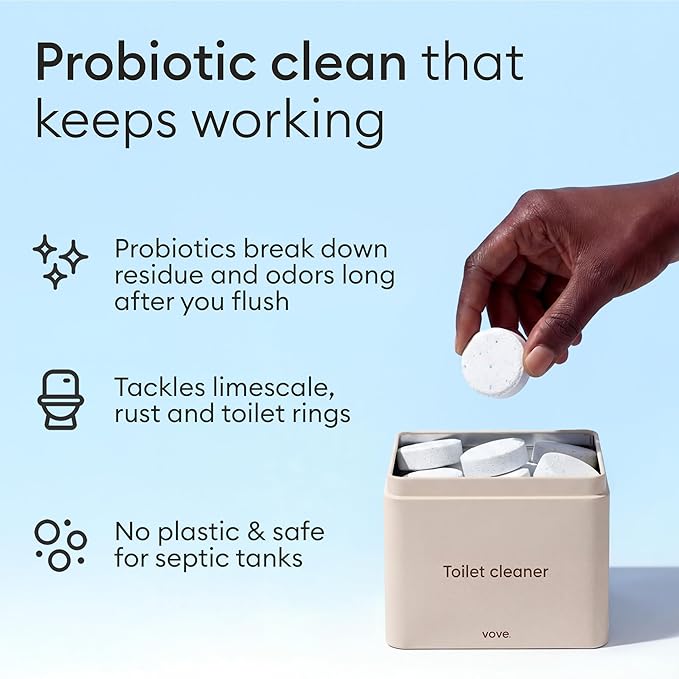 Vove Probiotic Toilet Bowl Cleaner Tablets Starter Set with Tin, 12 Count - Lime Eucalyptus, Citric Acid + Oxygen Bleach, Removes Hard Water & Limescale, Plant-Based, Septic Safe, Plastic-Free
