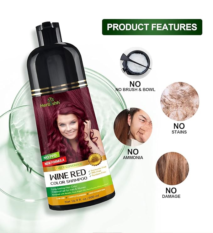 Herbishh Hair Color Shampoo for Gray Hair Wine Red 500 ML - Dye Shield or Defender - Hair Color Stain Remover Wipes - Travel Pack With 5 Wipes