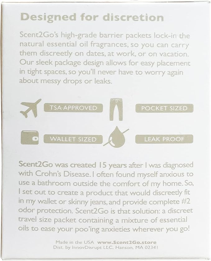 Scent2Go Toilet Fragrance Powder - Discreet Travel Size Packet - Leak Lock Design - Plant Based Formula - Lavender + Peppermint - 20 Single Use Packets