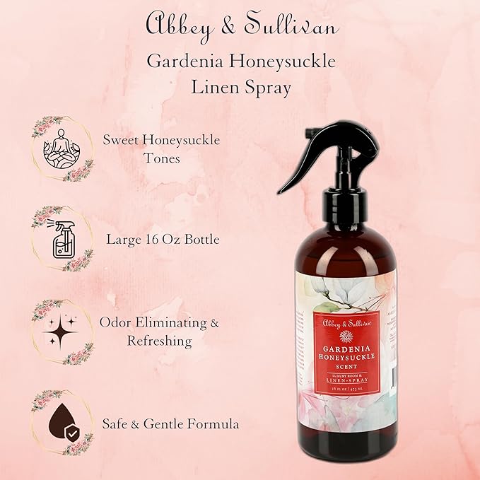Abbey & Sullivan Linen Spray, Gardenia Honeysuckle, Fabric Freshener and Fragrance Room Spray, Pack of 2, 16 oz