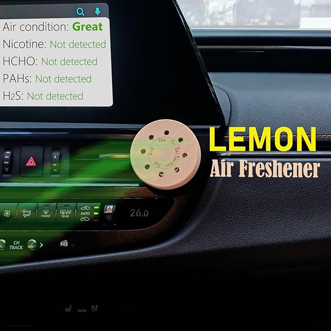Fresh Lemon Car Scent 45 Days’ Long Last Non-toxic Natural Fragrance, Odor Fighting Air Freshener, Auto Vent Clip Wood Diffuser Refillable with Essential Oils (1x Empty Diffuser + 10ml Oil)