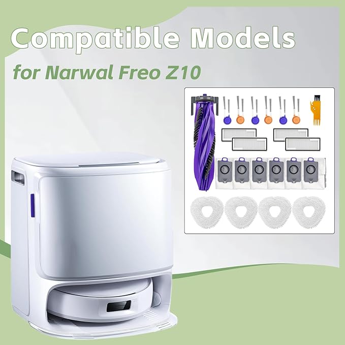 Accessories for Narwal Freo Z10, Freo Z10 Ultra Robot Vacuum, 1 Main Brush, 4 Filters, 4 Mop Pads, 6 Side Brushes, 6 Dust Bag, Freo Z10 Replacement 22 Pcs