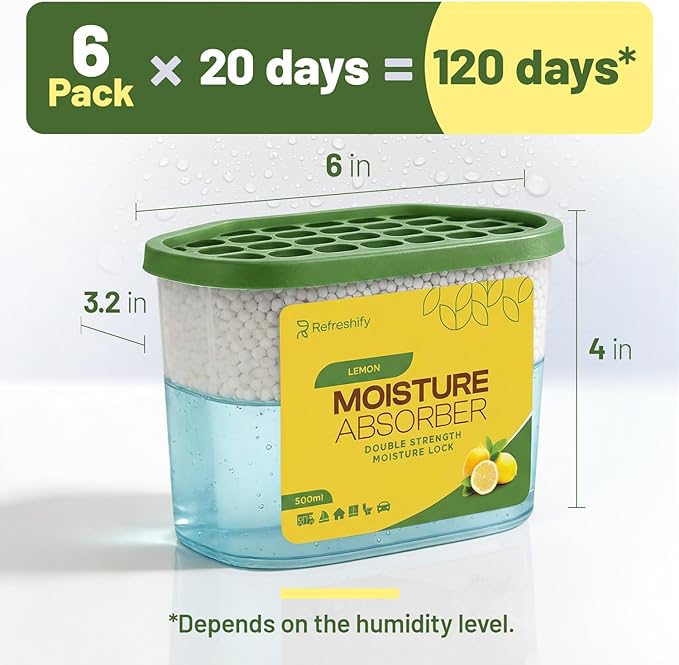 Premium Moisture Absorbers and Dehumidifier Tubs – High-Efficiency Closet Dehumidifier and Dehumidifier for Car, Odor Control Lemon Scent, 6 Pack, 7.5 Oz
