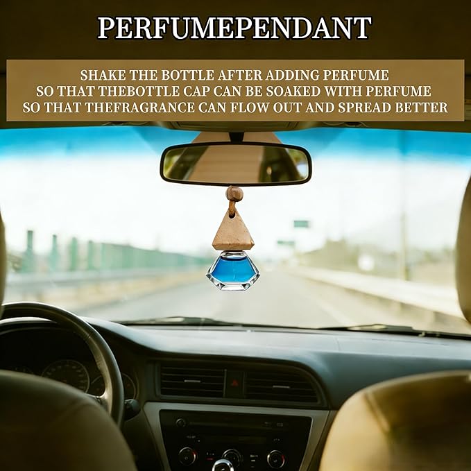 2-Pack Hanging Car Air Freshener, Refillable Glass Diffuser Bottle with Wooden Cap, Drift Car Freshener for Essential Oils, Long-Lasting Scent - Car Accessories for Women Men-Rhombus