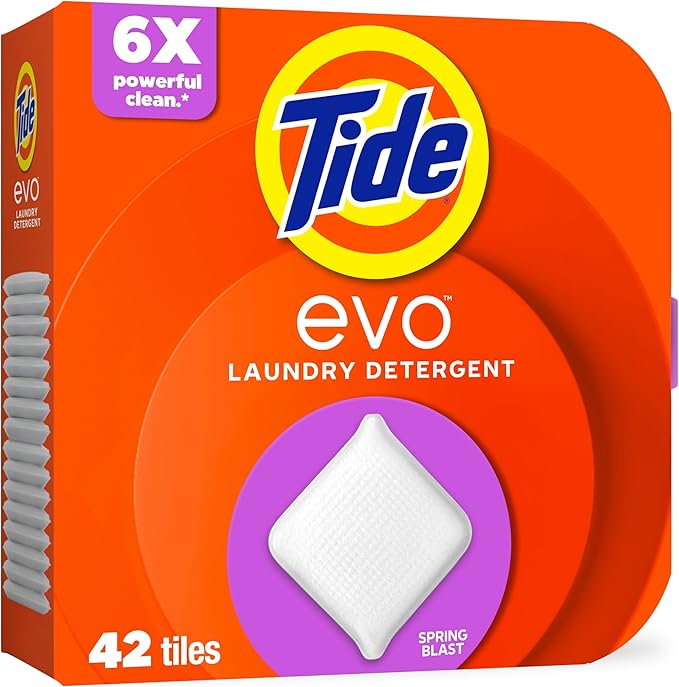 Tide evo Spring Blast Scent Laundry Detergent Fiber Tiles Works on 100% of Common Stains Safe for All Machines and Water Conditions Concentrated HE Compatible Clean and Instant Dissolve, 42 Count