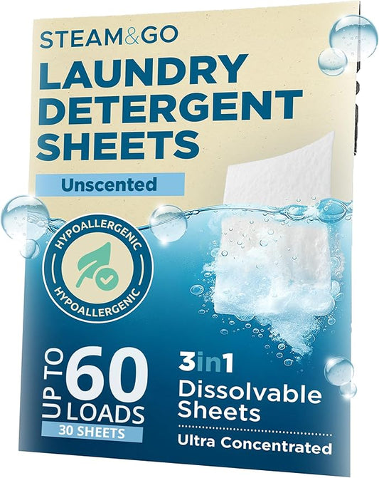 Steam & Go 3-in-1 Dissolvable Laundry Detergent Sheets - Hypoallergenic & Fragrance-Free - Unscented, 30 Count