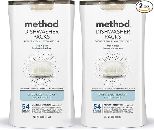 Method Dishwasher Detergent Packs, Fragrance Free + Clear, Dishwashing Rinse Aid to Lift Tough Grease and Stains, 54 Dishwasher Tabs per Package, (Pack of 2)