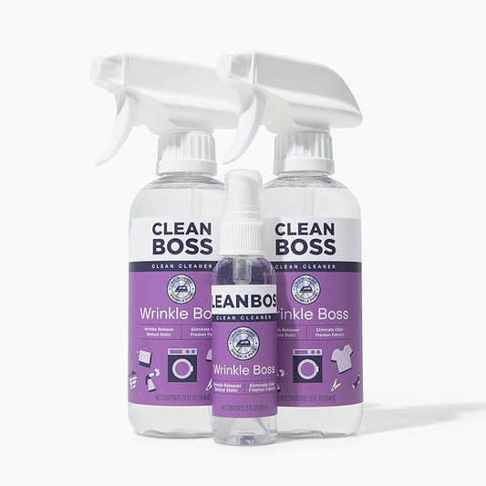 CleanBoss Wrinkle Boss Release Spray for Clothing - 2 Bottles Plus 1 Mini Travel Size Wrinkle Guard For On The Go
