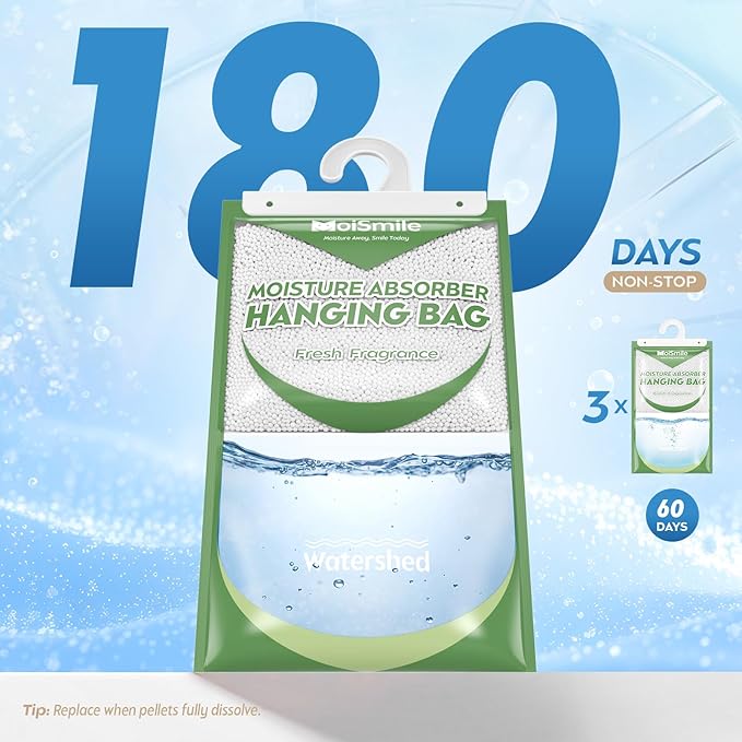 Hanging Moisture Absorbers 3 Pack Net Wt. 17.5oz/Pack, Fresh Fragrance Closet Dehumidifier Bags, Odor Eliminator & Humidity Absorber, Humidity Packs for Bathroom, Bedroom, Basement, Car, RV & Boat
