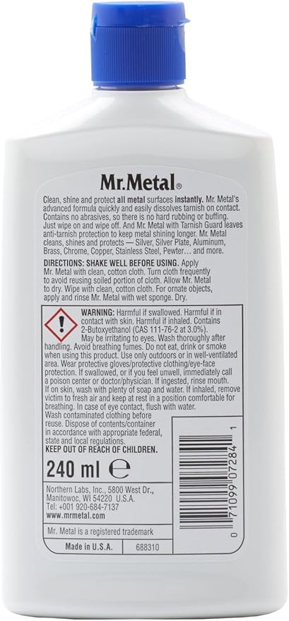 Mr. Metal Metal Polish Liquid All Metal Multipurpose Cleaner, Non-Abrasive, Instant Sterling Silver Cleaner, Brass and Stainless Steel Cleaner, Grime and Tarnish Remover, Chrome Silver Polish, 8 oz
