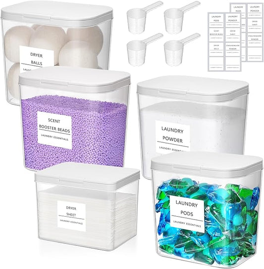 Lifewit 5 Pcs Laundry Pods Container with Pop-up Lid, Dryer Sheet Holder, Laundry Room Organization Storage Jars for Washing Powder, Soap, Scent Booster Beads, 2700 +4500ml/0.72+1.2gal