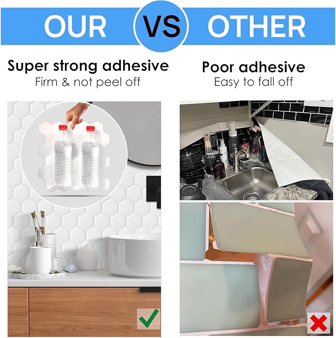 10-Sheet Hexagon Peel and Stick Backsplash for Kitchen, New Upgrade Premium Extra Thicker Design 3D Self Adhesive Wall Tiles, Large Stick on Tiles for Kitchen and Bathroom (12" x 12")