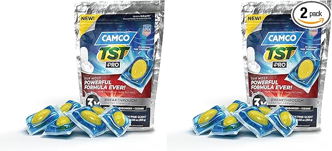Camco TST PRO RV Toilet Treatment Drop-INs - Innovative Bio-Enzymatic Formula - Fastest Odor Stopper & RV Sewer Waste Break Down - RV Black Tank Treatment - Fresh Pine - Septic-Safe, 10-Pk (41770)