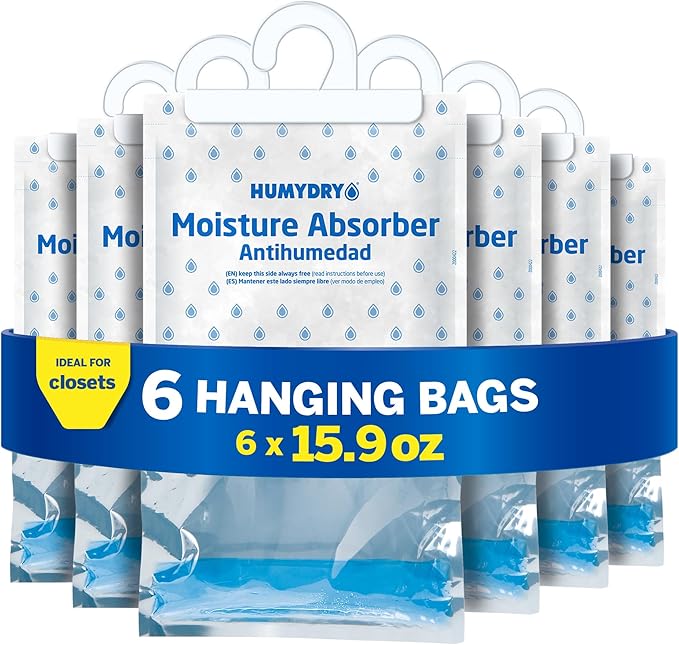 HUMYDRY Hanging Moisture Absorber for Closets, Pack of 6 Unscented 15.9 Oz Dehumidifier Bags, Non Electric Humidity Absorbers for Wardrobes Clothes Storage Areas and Small Enclosed Spaces