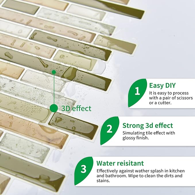 LONGKING 10-Sheet Self-Adhesive Peel and Stick Backsplash for Kitchen, Vinyl Decorative Tiles (Chrysophoron)