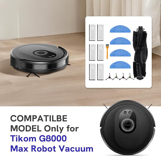 Replacement Parts for Tikom G8000 Max Vacuum: Only for G8000 Max and 2025 Year L8000 Pro Robot Vacuum Accessories Kit，1 Main Brush,4 Side Brushes, 4 Fliter, 4 Mopping Cloth, 1 Small brush（16 Pack）