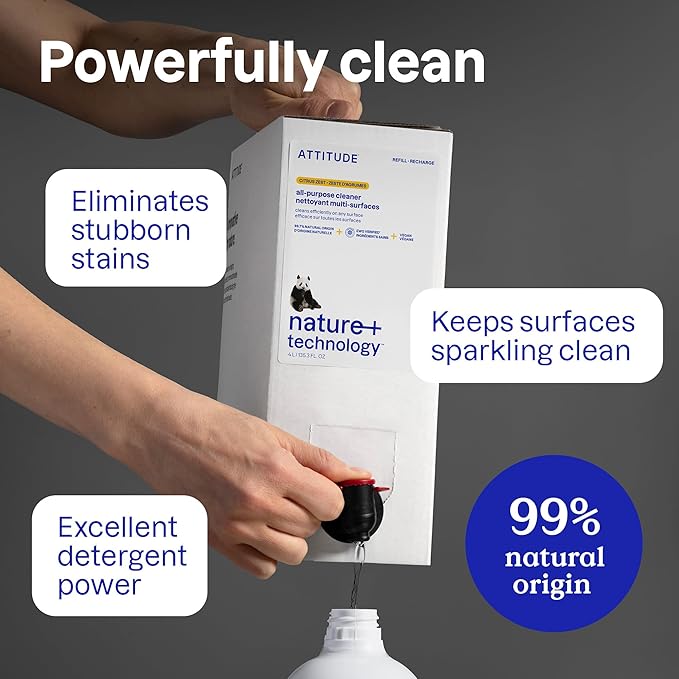 Bundle of ATTITUDE Multipurpose Spray Cleaner, Efficient Multi-Surface Plant & Mineral-based Formula, Vegan and Cruelty-Free, Citrus Zest, 27.1 Fl Oz + Bulk Refill Format, 135.26 Fl Oz